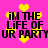 Pixelated text on a bright pink background with yellow heart shapes, repeating the phrase 'iM THE LiFE OF UR PARTY' in black block letters.