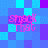 Pixelated text 'stuck that' in pink appears on a blue and purple checkered background with scattered cyan dots.