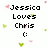Pixelated text reads "Jessica Loves Chris :" with pink and green heart shapes scattered around a white background.