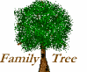 Green tree with brown trunk and scattered orange dots, beneath 'Family Tree' text in brown serif font on white background.