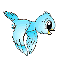 Six blue cartoon birds in various flying poses on a gray background, each with large black eyes and yellow beaks.