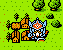 Pixelated character in blue armor with orange helmet stands before brown castle structures on green dotted background, trees and bushes visible.