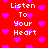 Red background with white pixelated text 'Listen To Your Heart' repeated across the image, surrounded by scattered purple heart shapes.