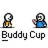 Animated contact sheet of a pixel art buddy icon showing sequential motion frames with two stick figures and text "Buddy Cup" below each frame.