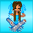 A 3x3 contact sheet of animated frames showing a pixel art character and text variations on a blue background.