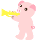 Two pink pig characters with large eyes and snouts play yellow trumpets against a gray background, one standing still while the other moves.
