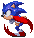 Four pixel-art frames of a blue hedgehog character in motion, showing sequential running poses with red shoes and white gloves against gray background.