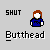 Pixelated character with red hair and blue shirt appears in multiple text contexts above 'Butthead' label on gray background.