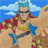 Pixelated static image of a cartoon character with blue hair, sunglasses, and red cape standing on sandy terrain under a blue sky with clouds.