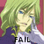 Pixelated anime-style character with green hair and blue eyes, wearing a white shirt with purple accents, against a red background with black text reading FAIL.