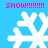 Four white pixelated snowflakes on a bright blue background with pink text reading "SNOW!!!!!!!" above and below each snowflake.