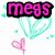 Animated icon with 'megs' text in pink, purple, and green across three states featuring teal hearts and small pink heart shapes on white background.