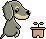 Pixel art animation contact sheet showing a gray dog mascot with yellow muzzle and paws, interacting with small green plants in brown pots across five frames.