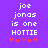 Purple background with white pixelated text reading 'joe jonas is one HOTTIE' and five red/pink star icons below, where the third star changes color between frames.