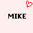 Red pixelated heart symbol above two black pixelated 'MIKE' text blocks on light pink background.