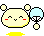 Pixelated character with yellow face, red cheeks, closed eyes, and two round ears holding a light blue balloon-like object.