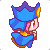 Pixel art character with blue crown and pink hair in three animated frames showing slight pose changes against gray background