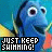 Pixelated blue fish with large eyes and a slightly open mouth, set against a gradient background of teal and yellow hues.