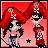 Pixel art of two cartoon characters in red pirate hats on a gradient background with text reading 'pirates of the caribbean FAN' in various color combinations.