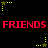 Red pixelated text "FRIENDS" repeated three times on black background with yellow star-shaped icons and dotted lines.