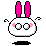 Pixel art bunny with pink ears and cheeks, white rounded body, black outlines, gray background, two distinct expressions shown side-by-side.