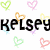 Black pixelated text 'Kelsey' overlaid on a white background with scattered pastel heart outlines in green, pink, orange, yellow, blue, and purple.