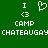 Green background with white pixelated text and symbols: 'I <3 CAMP CHATEAUGAY' repeated twice, each instance featuring a heart symbol replacing the word 'love'.