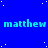 Blue background with white dots and repeated cyan text 'matthew' in three , with a gray rectangle in the bottom right corner