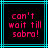 Pixelated text 'can't wait till sobra!' in pink on black background with cyan border, animated