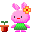 Pixel art of a pink bunny with green dress and flower accessory, shown in four variations with different expressions and props against gray background.