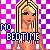 Pixelated character with blonde hair and dark eyeliner against a purple-and-white checkered background, overlaid with blue text reading "BEDTIME".