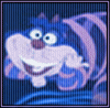 Animated contact sheet of a cartoon cat character with blue and purple striped fur, white face, red nose, and wide smile across multiple frames showing text animation.