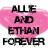 Pink heart-shaped background with black pixelated text reading ALLIE AND ETHAN FOREVER in four lines.