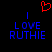 Red pixelated heart symbol above two identical blue text blocks reading 'I LOVE RUTHIE' on black background.
