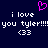 Dark blue background with white pixelated text reading 'i love you tyler!!!!' and '<33', a pink heart symbol above the left text block.
