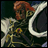 Pixelated character with red hair and green eyes in dark armor with gold accents, holding a curved white weapon against a black background with white text.