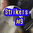 Three variations of a pixelated icon showing soccer players with 'Strikers #9' text, each in different poses against blurred backgrounds.