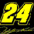Yellow '24' text with black outline on dark background, adjacent to pixelated person wearing red cap and glasses.