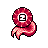 Pixel art of a red, octopus-like creature with a white square face containing a black symbol, pinkish tentacles, and a gray background.