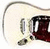 A white electric guitar with a dark red pickguard and silver hardware, shown in two views: full body and headstock.