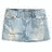A static image showing a light blue denim skirt, beige flip-flops, and a dark gray tank top arranged horizontally above two identical grayscale American Eagle logos with pixelated text.