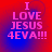 Red and blue gradient background with pink pixelated text reading "I LOVE JESUS 4EVA!!!" in four identical quadrants.