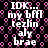 Pixelated text on a black background with pink circular patterns, displaying repeated phrases in white block letters.