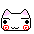 Pixel art cat head with pink ears, white face, black eyes, red cheeks, and changing mouth expressions on gray background.