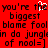 Red background with black pixelated text repeating 'you're the biggest blame fool in do junglin of nool=]' and a white heart symbol replacing part of the word 'the'.