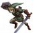 Pixelated figure in dynamic pose holding a sword, wearing green armor with brown accents and dark helmet.