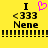 Yellow background with black text and symbols, including 'I', '<333', 'Nene', and a pink heart symbol above the left 'I'.