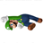 Pixelated character with green hair and blue overalls lies horizontally against white background, head turned left to right.