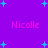 Purple background with cyan star shapes and repeated pink text 'Nicolle' in pixelated font.