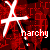 Two side-by-side animated frames show a white star-like symbol with four arms against a red pixelated background, each frame displaying the word 'narchy' in lowercase white text below.